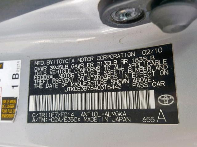 JTKDE3B76A0315443 - 2010 TOYOTA SCION TC ვერცხლისფერი ფოტო 10