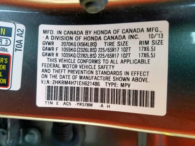 2HKRM4H71EH621486 - 2014 HONDA CR-V EXL GRAY photo 10