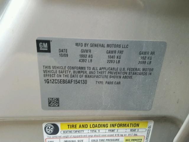 1G1ZC5EB6AF154130 - 2010 CHEVROLET MALIBU 1LT TAN photo 10