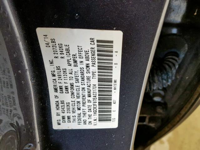 1HGCR3F87EA031704 - 2014 HONDA ACCORD EXL CHARCOAL photo 10