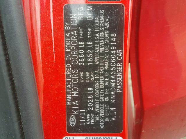 KNADM4A35C6049148 - 2012 KIA RIO LX RED photo 10