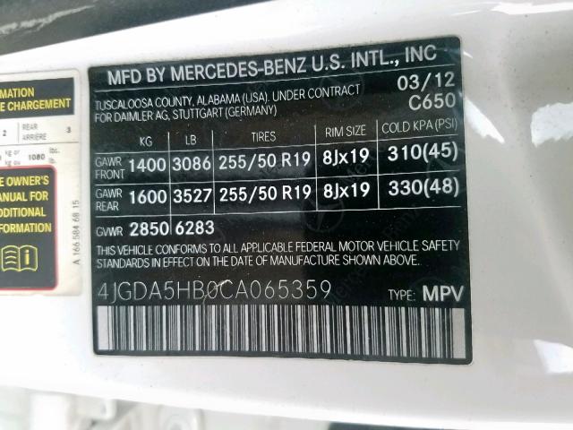 4JGDA5HB0CA065359 - 2012 MERCEDES-BENZ ML 350 4MA WHITE photo 10