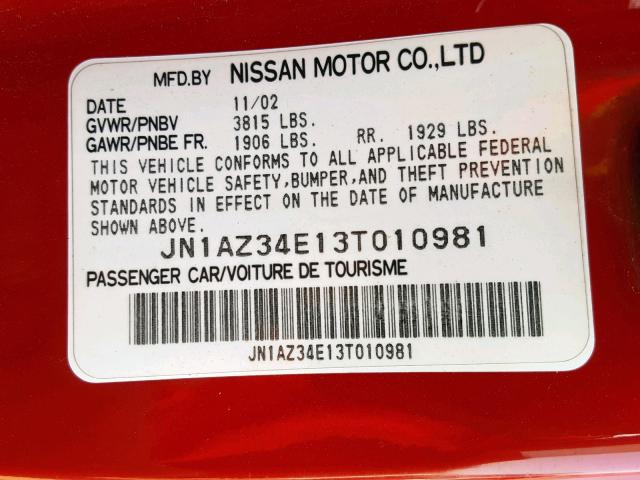 JN1AZ34E13T010981 - 2003 NISSAN 350Z COUPE RED photo 10