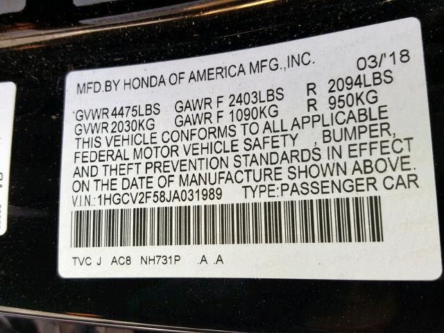 1HGCV2F58JA031989 - 2018 HONDA ACCORD EXL BLACK photo 10