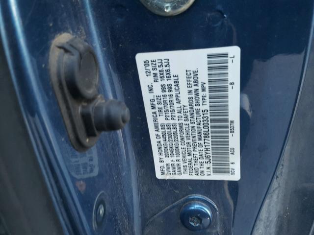 5J6YH17786L003315 - 2006 HONDA ELEMENT EX BLUE photo 10