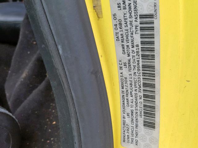 3VWCD31C95M412818 - 2005 VOLKSWAGEN NEW BEETLE ყვითელი ფოტო 10