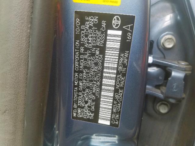 JTDBT4K37A1369934 - 2010 TOYOTA YARIS BLUE photo 10