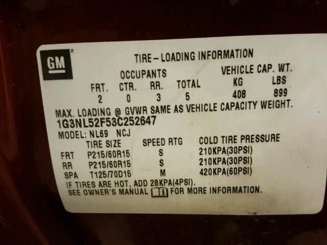 1G3NL52F53C252647 - 2003 OLDSMOBILE ALERO GL MAROON photo 10