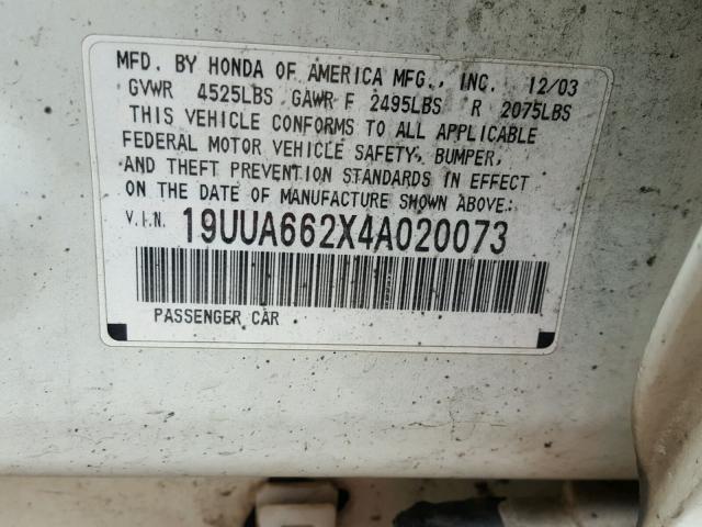 19UUA662X4A020073 - 2004 ACURA TL WHITE photo 10