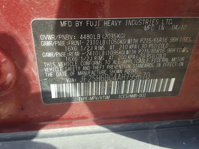 JF2SH6BC4AH799670 - 2010 SUBARU FORESTER X RED photo 10