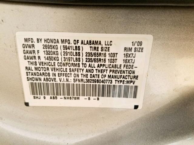 5FNRL38259B040773 - 2009 HONDA ODYSSEY LX GRAY photo 10