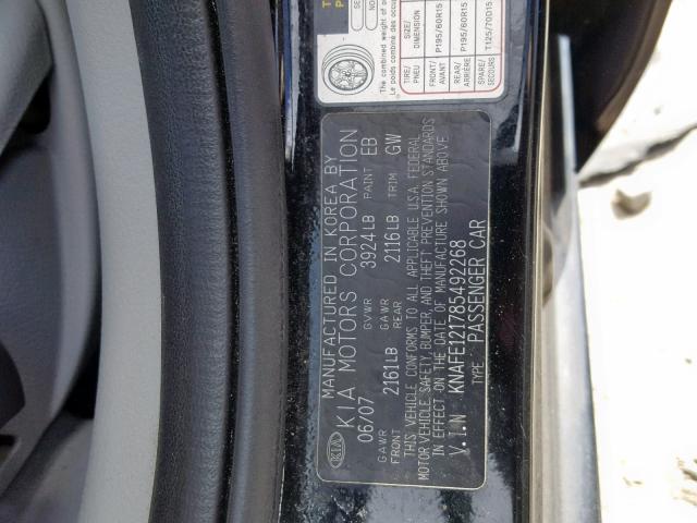 KNAFE121785492268 - 2008 KIA SPECTRA EX BLACK photo 10