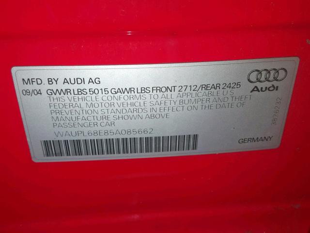 WAUPL68E85A085662 - 2005 AUDI S4 RED photo 10