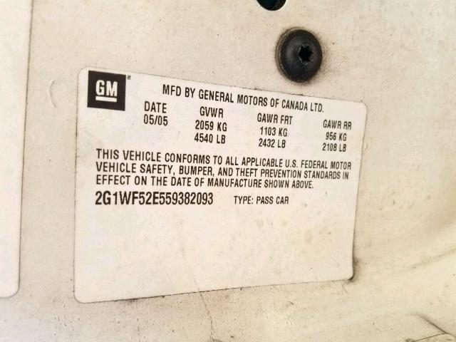 2G1WF52E559382093 - 2005 CHEVROLET IMPALA WHITE photo 10