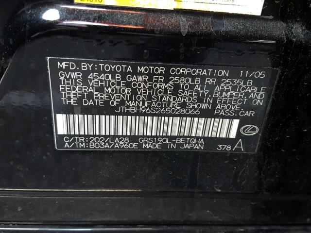 JTHBH96S265028066 - 2006 LEXUS GS 300 BLACK photo 10