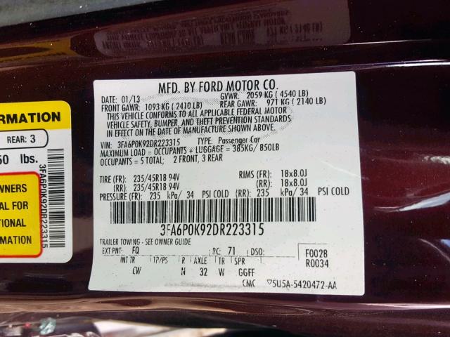 3FA6P0K92DR223315 - 2013 FORD FUSION TIT BURGUNDY photo 10