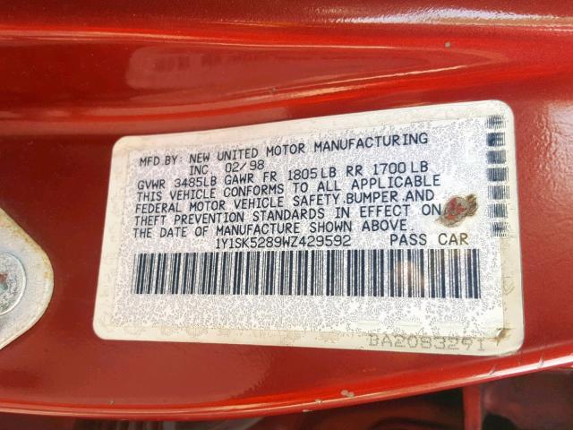 1Y1SK5289WZ429592 - 1998 CHEVROLET GEO PRIZM 红色 照片 10