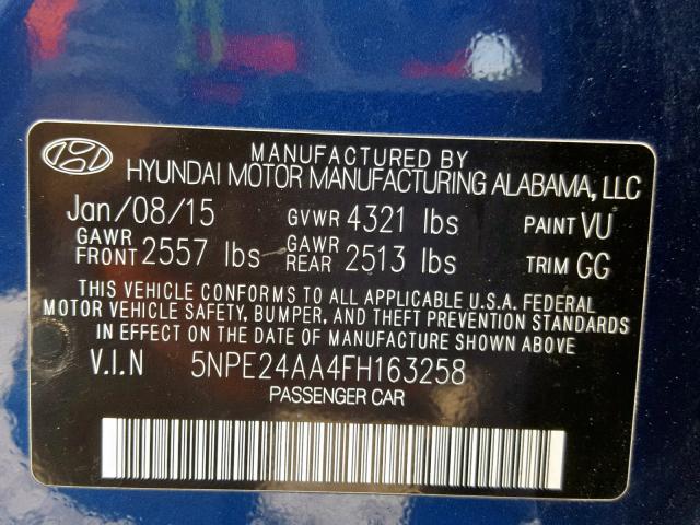 5NPE24AA4FH163258 - 2015 HYUNDAI SONATA ECO BLUE photo 10