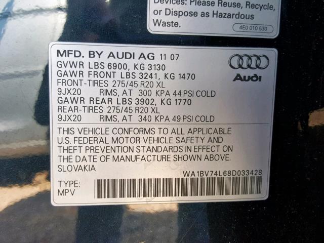 WA1BV74L68D033428 - 2008 AUDI Q7 4.2 QUA BLACK photo 10