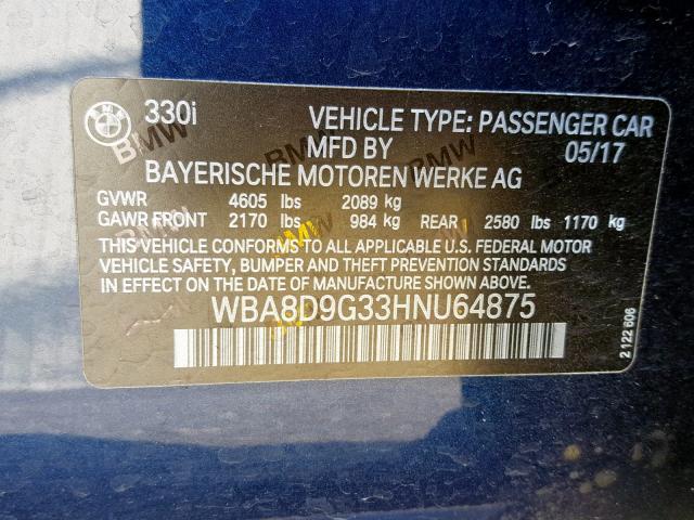 WBA8D9G33HNU64875 - 2017 BMW 330 XI BLUE photo 10