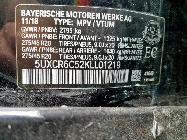 5UXCR6C52KLL01219 - 2019 BMW X5 XDRIVE4 BLACK photo 10