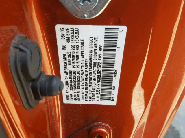 5J6YH276X5L021522 - 2005 HONDA ELEMENT EX ORANGE photo 10