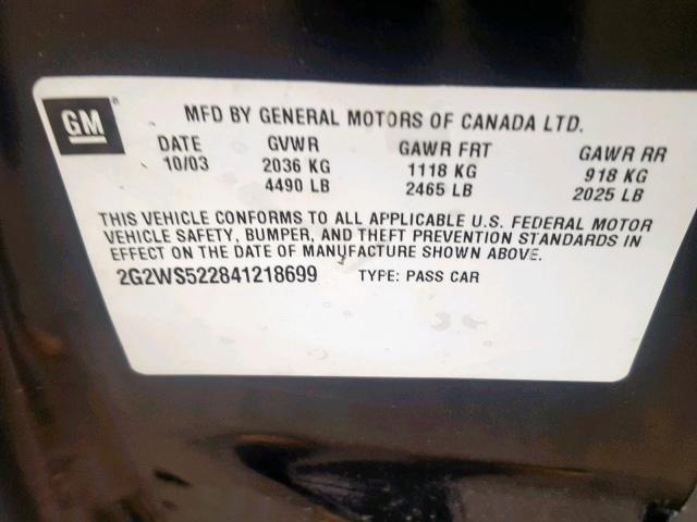 2G2WS522841218699 - 2004 PONTIAC GRAND PRIX Սև լուսանկար 10