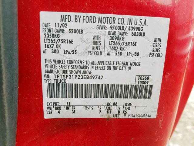 1FTSF31P23EB49747 - 2003 FORD F350 SRW S RED photo 10
