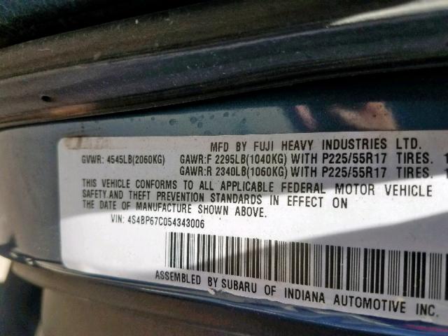 4S4BP67C054343006 - 2005 SUBARU LEGACY OUT BLUE photo 10