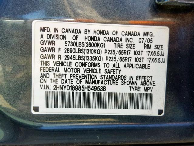 2HNYD18985H549538 - 2005 ACURA MDX TOURIN GRAY photo 10