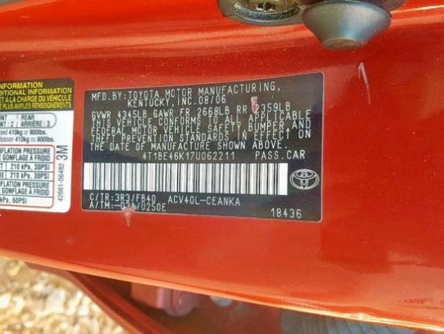 4T1BE46K17U062211 - 2007 TOYOTA CAMRY NEW RED photo 10