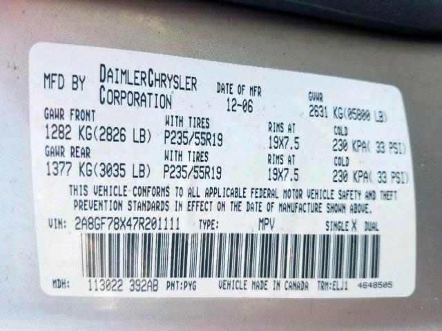 2A8GF78X47R201111 - 2007 CHRYSLER PACIFICA L SILVER photo 10