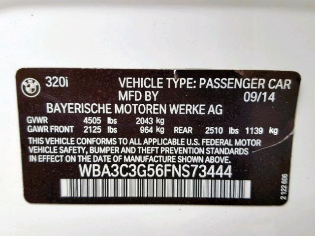 WBA3C3G56FNS73444 - 2015 BMW 320 I XDRI WHITE photo 10