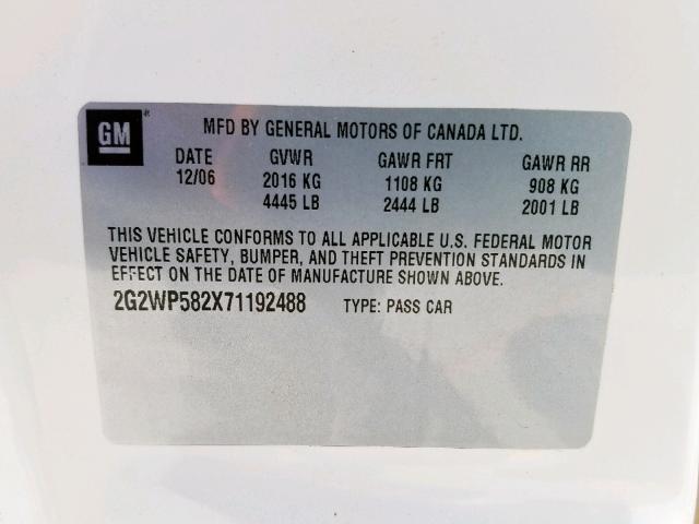 2G2WP582X71192488 - 2007 PONTIAC GRAND PRIX WHITE photo 10