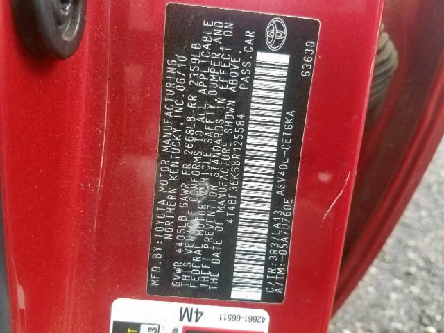 4T4BF3EK6BR125584 - 2011 TOYOTA CAMRY BASE RED photo 10