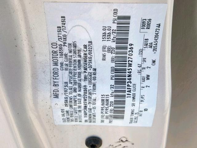 1FAFP34N45W270369 - 2005 FORD FOCUS ZX4 SILVER photo 10