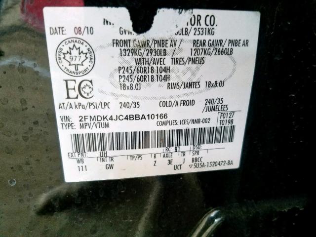 2FMDK4JC4BBA10166 - 2011 FORD EDGE SEL BLACK photo 10