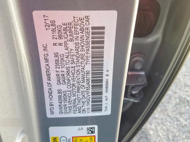 1HGCV1F55JA067780 - 2018 HONDA ACCORD EXL SILVER photo 10