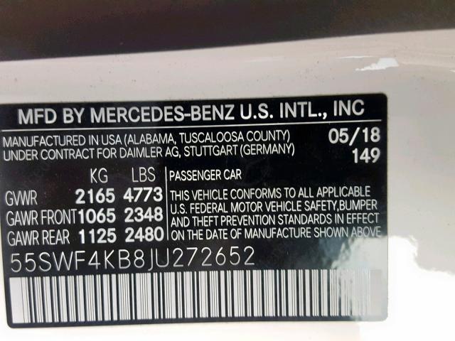 55SWF4KB8JU272652 - 2018 MERCEDES-BENZ C 300 4MAT WHITE photo 10