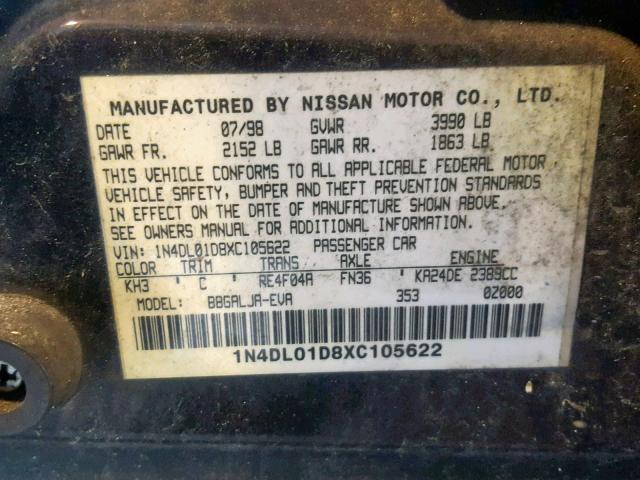 1N4DL01D8XC105622 - 1999 NISSAN ALTIMA XE BLACK photo 10