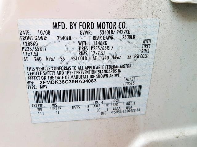 2FMDK36C39BA34083 - 2009 FORD EDGE SE WHITE photo 10