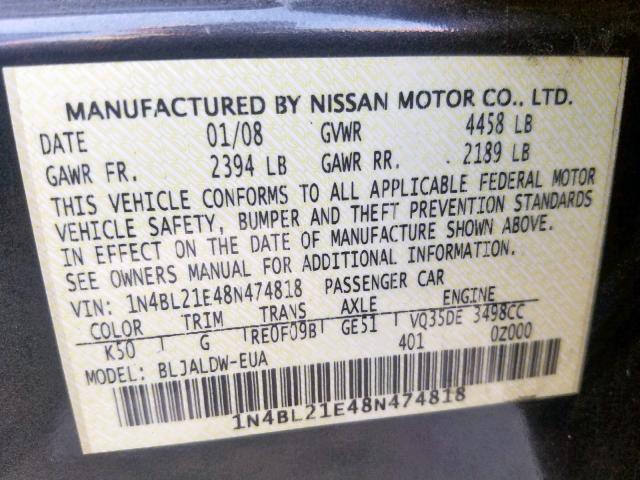 1N4BL21E48N474818 - 2008 NISSAN ALTIMA 3.5 GRAY photo 10