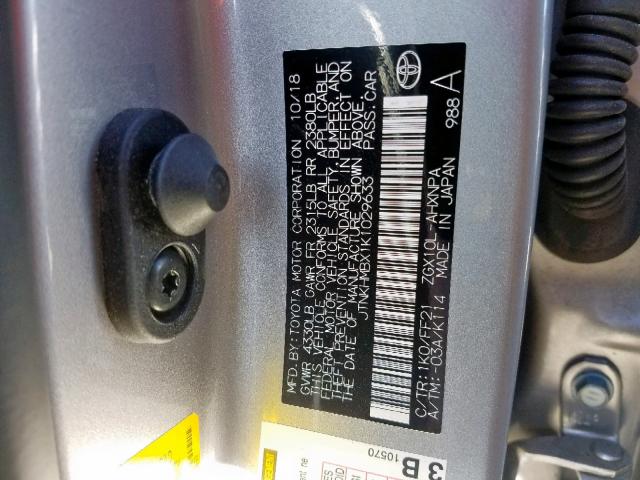 JTNKHMBX1K1029633 - 2019 TOYOTA C-HR XLE SILVER photo 10