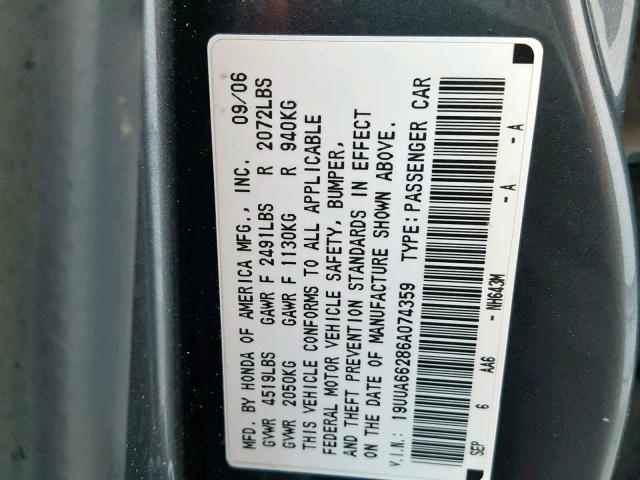 19UUA66286A074359 - 2006 ACURA 3.2TL GRAY photo 10