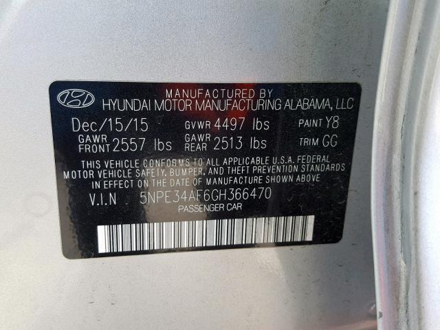 5NPE34AF6GH366470 - 2016 HYUNDAI SONATA SPO SILVER photo 10