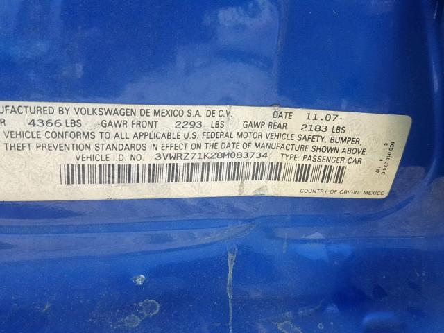 3VWRZ71K28M083734 - 2008 VOLKSWAGEN JETTA SE BLUE photo 10