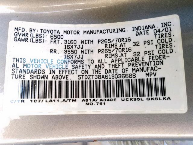 5TDZT38A61S036688 - 2001 TOYOTA SEQUOIA LI SILVER photo 10