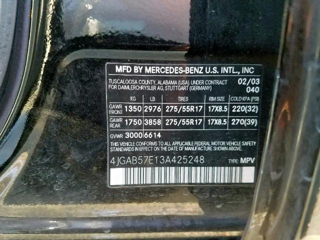 4JGAB57E13A425248 - 2003 MERCEDES-BENZ ML 350 BLACK photo 10