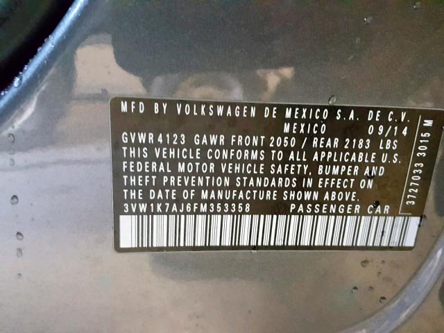 3VW1K7AJ6FM353358 - 2015 VOLKSWAGEN JETTA BASE Մոխրագույն լուսանկար 10