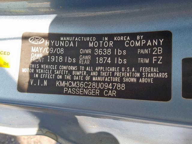 KMHCM36C28U094788 - 2008 HYUNDAI ACCENT GS BLUE photo 10